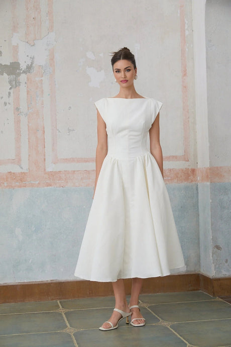 Mikayla Midi Dress White Open - Back Cap - Sleeve & Pleated Charm