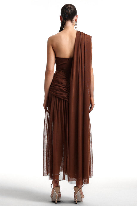Milena Brown Mesh One-Shoulder Maxi Dress with Waist Detailing