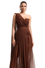 Milena Brown Mesh One-Shoulder Maxi Dress with Waist Detailing for Special Occasions