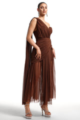 Milena Brown Mesh One-Shoulder Maxi Dress with Waist Detailing