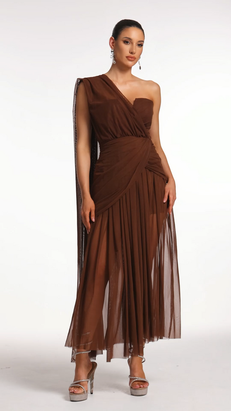 Milena Brown One-Shoulder Maxi Dress Soft Mesh Fabric Elegant Formal Evening Wear Special Occasion Outfit Refinement Versatile Design Stylish Heels Accessories