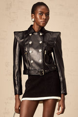 Milena Jacket Black Faux Leather Double Breasted Gold & Belted