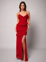 Milena Maxi Dress - Spaghetti Strap Neckline - a - Line Silhouette - Backless Design - Split Thigh Detail