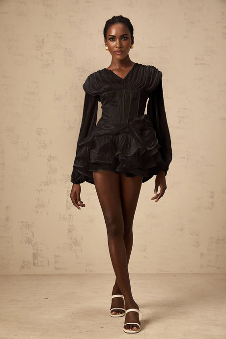 Milena Mini Dress Black Pleated Ruffled Hem Sparkling Glitter Floral Detail