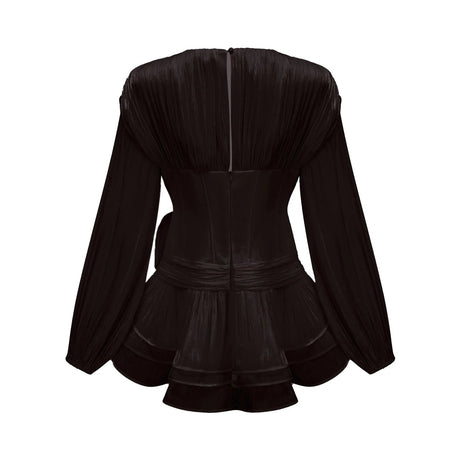 Milena Mini Dress Black Pleated Ruffled Hem Sparkling Glitter Floral Detail