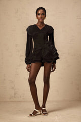 Milena Mini Dress Black Pleated Ruffled Hem Sparkling Glitter Floral Detail