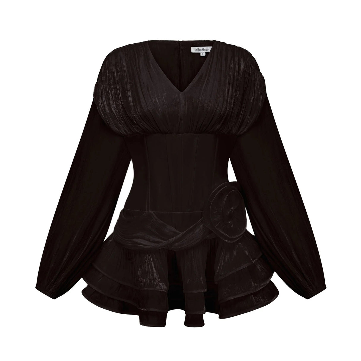 Milena Mini Dress Black Pleated Ruffled Hem Sparkling Glitter Floral Detail