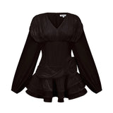 Milena Mini Dress Black Pleated Ruffled Hem Sparkling Glitter Floral Detail