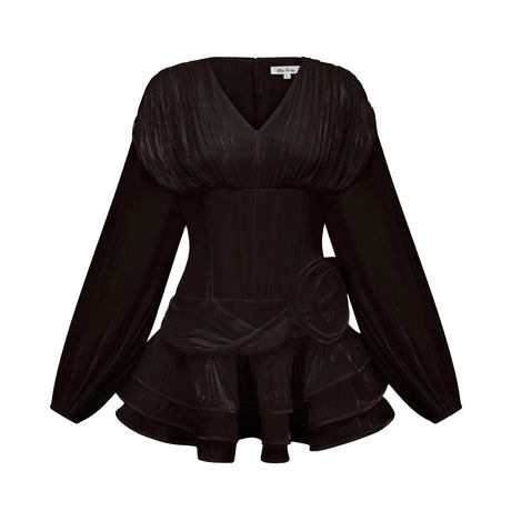 Milena Mini Dress Black Pleated Ruffled Hem Sparkling Glitter Floral Detail