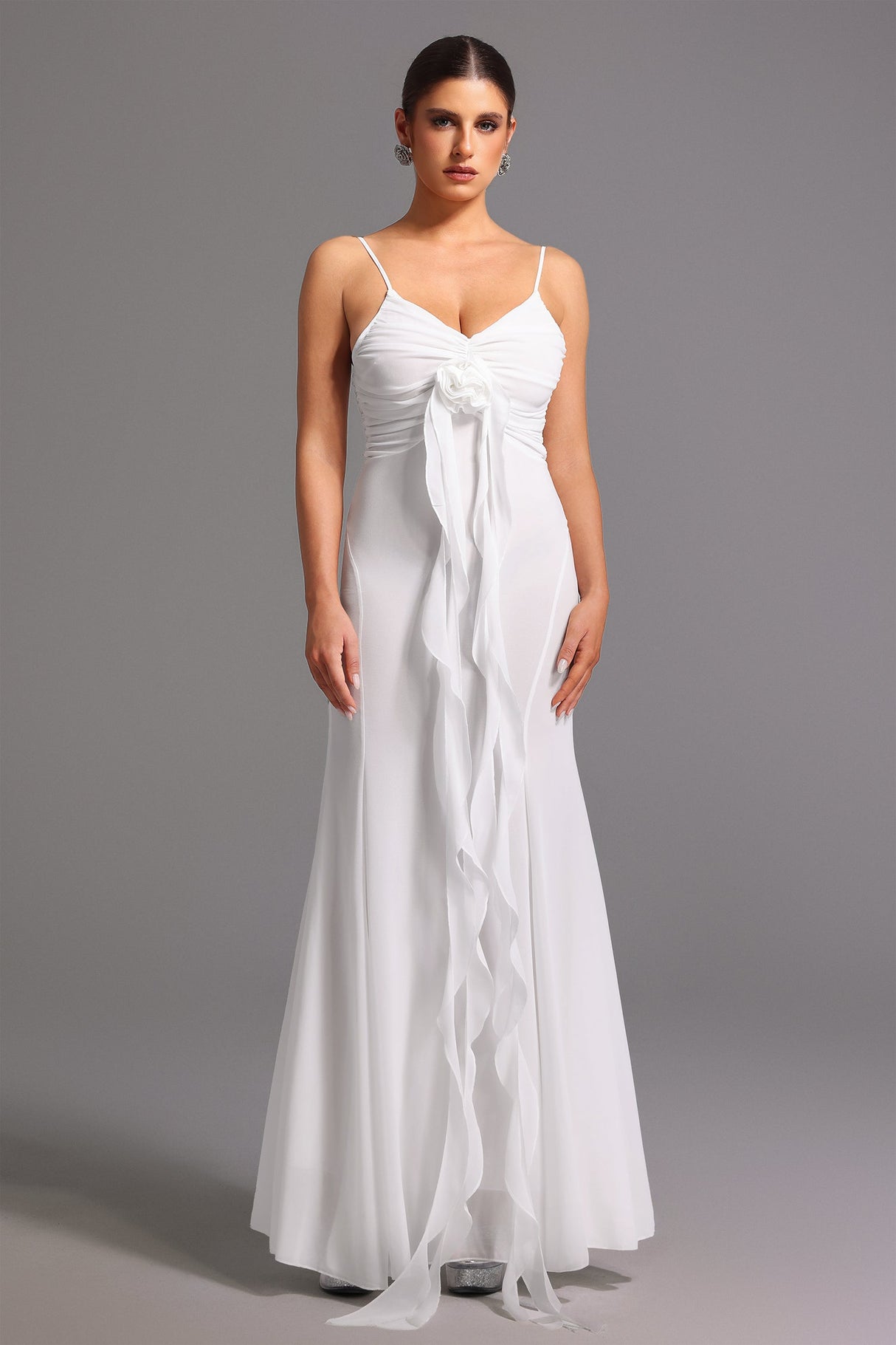 Milena White Floral Maxi Dress with V Neckline and Spaghetti Straps