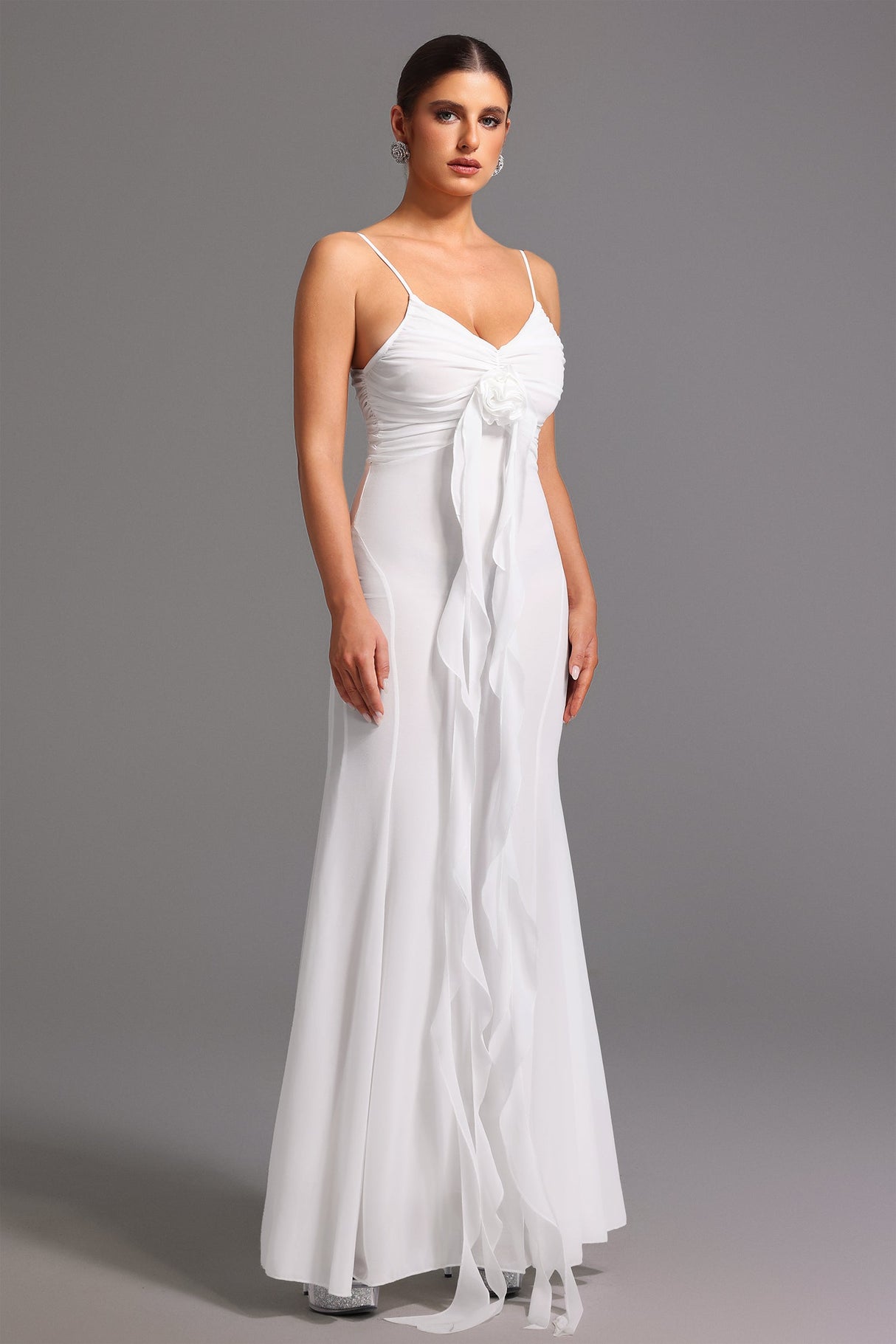 Milena White Floral Maxi Dress V Neckline Spaghetti Straps