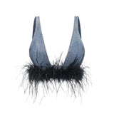 Milia feather denim top  skirt matching set