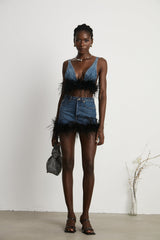 Milia feather denim top  skirt matching set