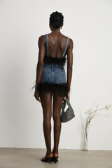 Milia feather denim top  skirt matching set