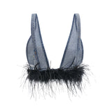 Milia feather denim top  skirt matching set
