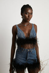 Milia feather denim top  skirt matching set