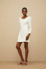 Mini Dress - Long Sleeve - Sequin & Crystal Embellishment - Fitted Waist - A - Line - Rear Zip