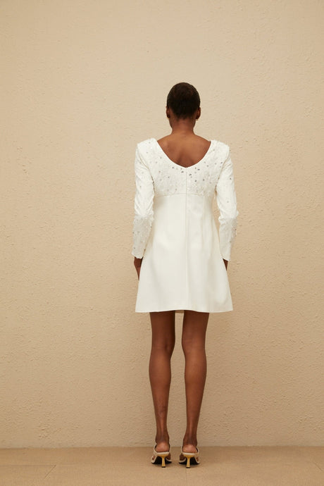 Mini Dress - Long Sleeve - Sequin & Crystal Embellishment - Fitted Waist - A - Line - Rear Zip