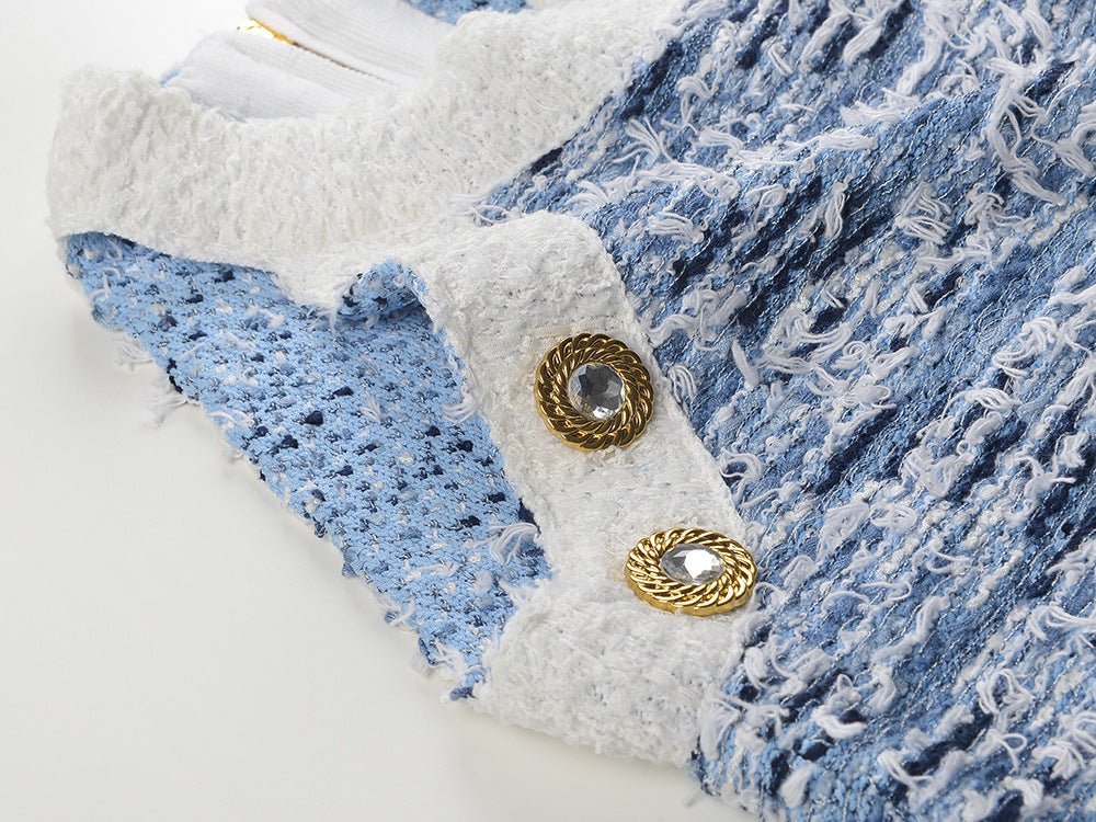 Mini Dress - Tailored Fit - Textured Pattern - Chic Fringe Hem - Form - Fitting Silhouette - Statement Gold Buttons