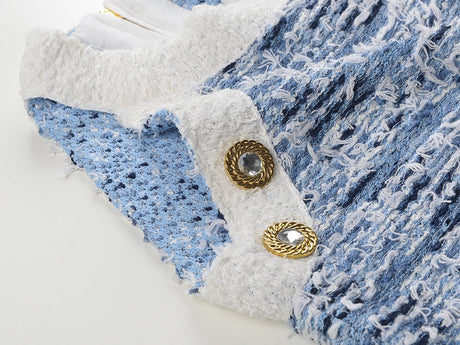 Mini Dress - Tailored Fit - Textured Pattern - Chic Fringe Hem - Form - Fitting Silhouette - Statement Gold Buttons