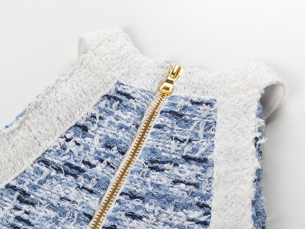 Mini Dress - Tailored Fit - Textured Pattern - Chic Fringe Hem - Form - Fitting Silhouette - Statement Gold Buttons