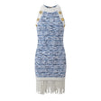 Mini Dress - Tailored Fit - Textured Pattern - Chic Fringe Hem - Form - Fitting Silhouette - Statement Gold Buttons