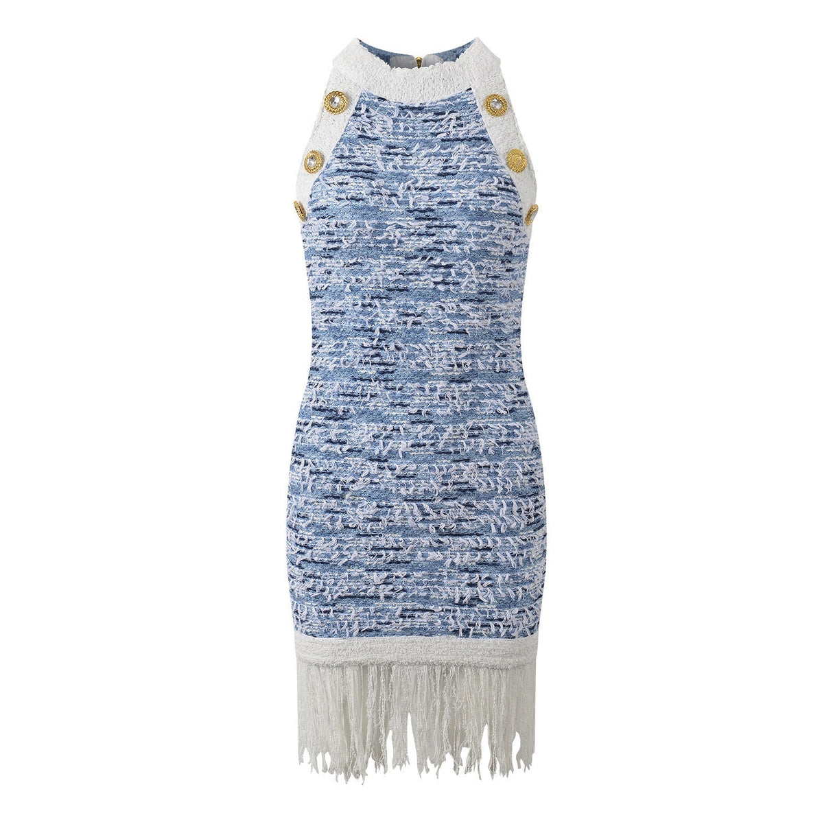 Mini Dress - Tailored Fit - Textured Pattern - Chic Fringe Hem - Form - Fitting Silhouette - Statement Gold Buttons