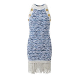 Mini Dress - Tailored Fit - Textured Pattern - Chic Fringe Hem - Form - Fitting Silhouette - Statement Gold Buttons