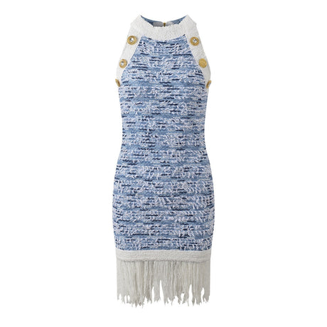 Mini Dress - Tailored Fit - Textured Pattern - Chic Fringe Hem - Form - Fitting Silhouette - Statement Gold Buttons