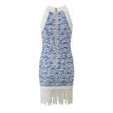 Mini Dress - Tailored Fit - Textured Pattern - Chic Fringe Hem - Form - Fitting Silhouette - Statement Gold Buttons