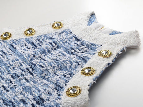 Mini Dress - Tailored Fit - Textured Pattern - Chic Fringe Hem - Form - Fitting Silhouette - Statement Gold Buttons