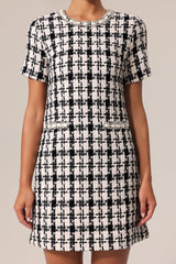 Miracle Black Check Pattern Mini Dress Round Neckline Textured Fabric Chic Elegance Modern Design Versatile Wardrobe Staple Style Grace