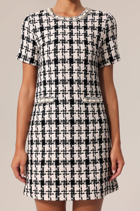 Miracle Black Check Pattern Mini Dress Round Neckline Textured Fabric Chic Elegance Modern Design Versatile Wardrobe Staple Style Grace