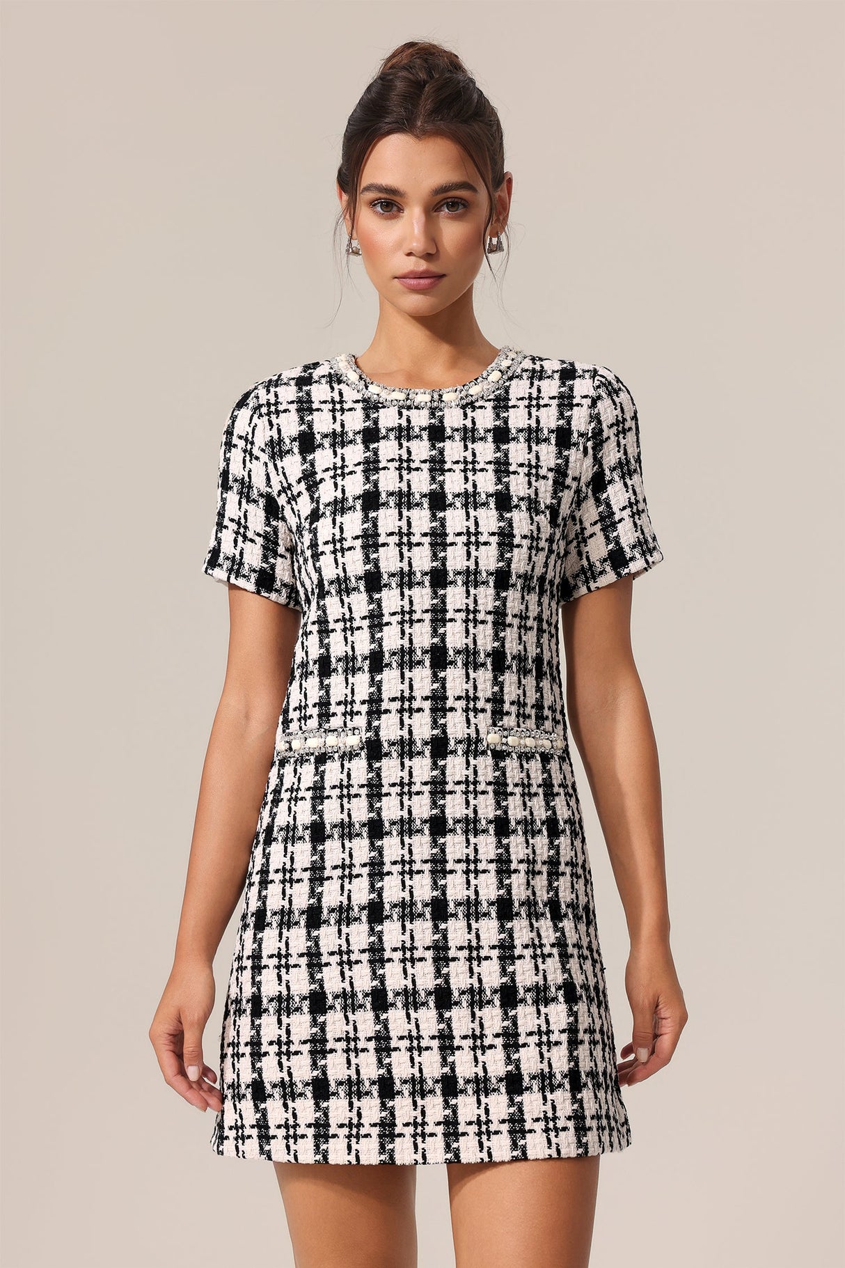 Miracle Black Check Pattern Round Neck Mini Dress