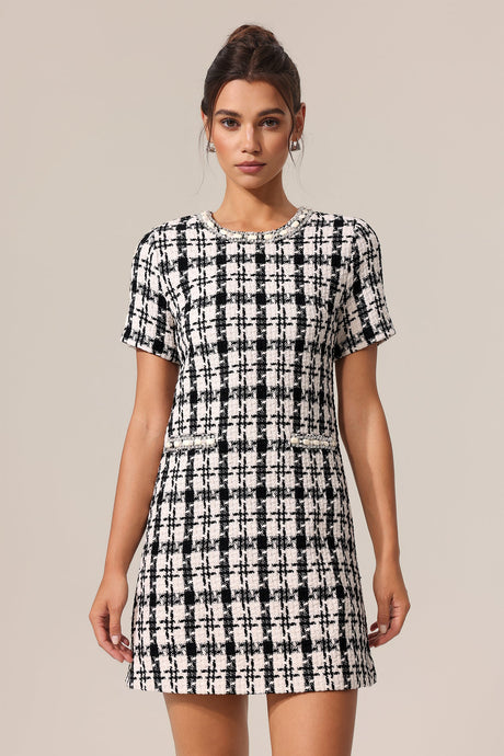 Miracle Black Check Pattern Round Neck Mini Dress