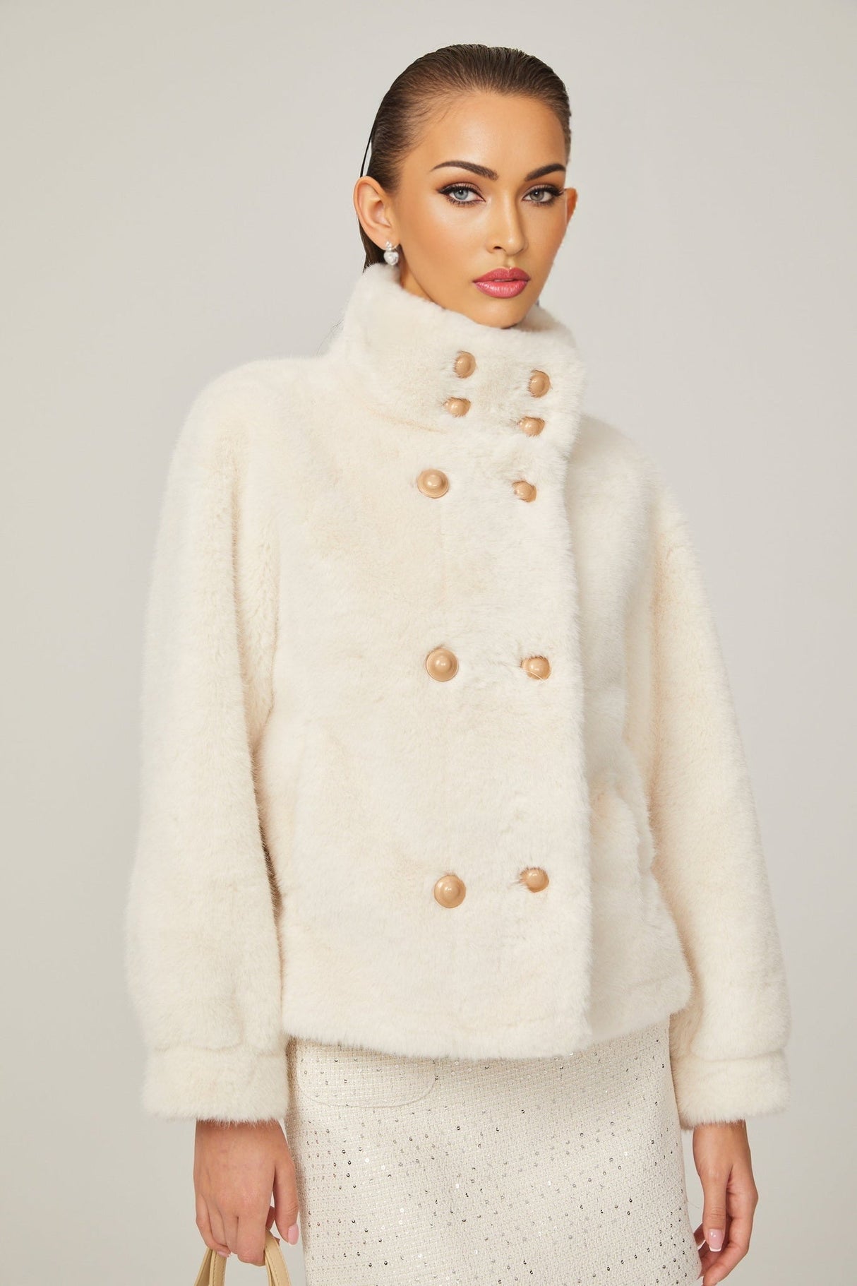 Miracle Jacket Miracle Faux Fur Double Breasted White & Stand