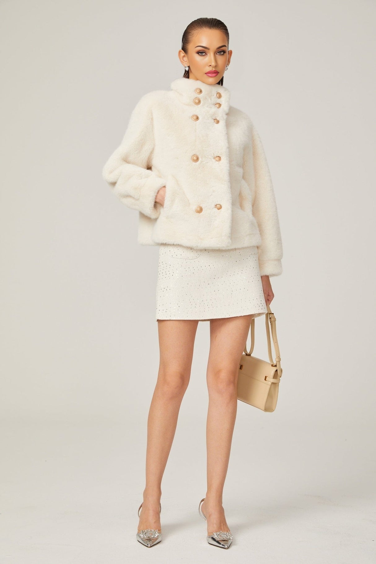 Miracle Jacket Miracle Faux Fur Double Breasted White & Stand