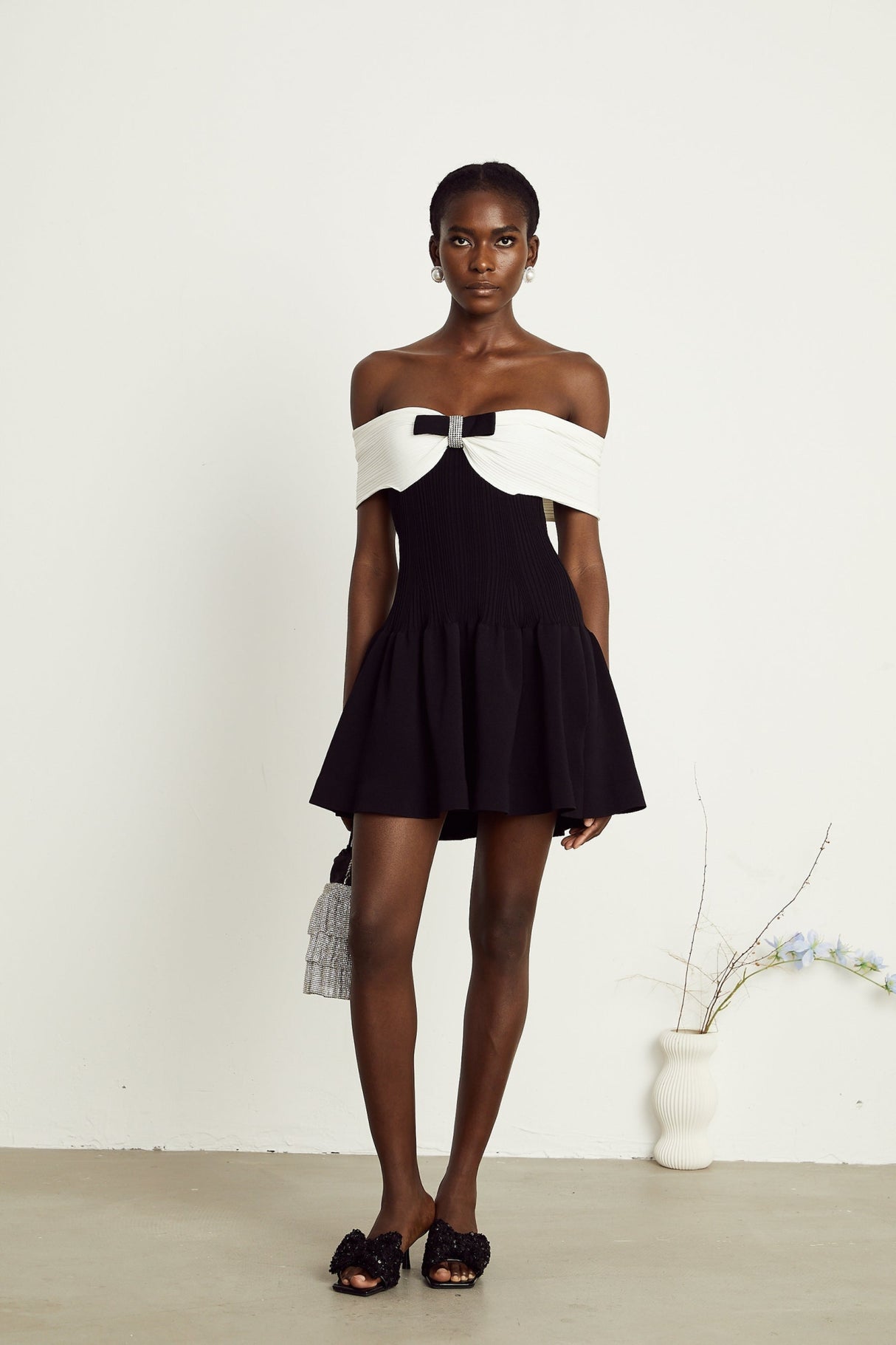 Miracle Mini Dress Crystal Bow Off Shoulder Black White Thigh