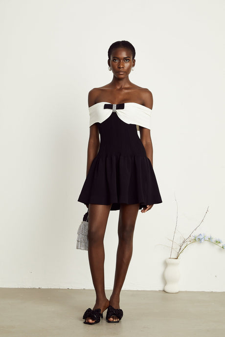 Miracle Mini Dress Crystal Bow Off Shoulder Black White Thigh