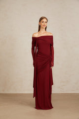 Miranda Gown - Off The Shoulder - Long Sleeves - Front Tie - Pleated & Draped Detailing - Asymmetrical - Slip - On Style