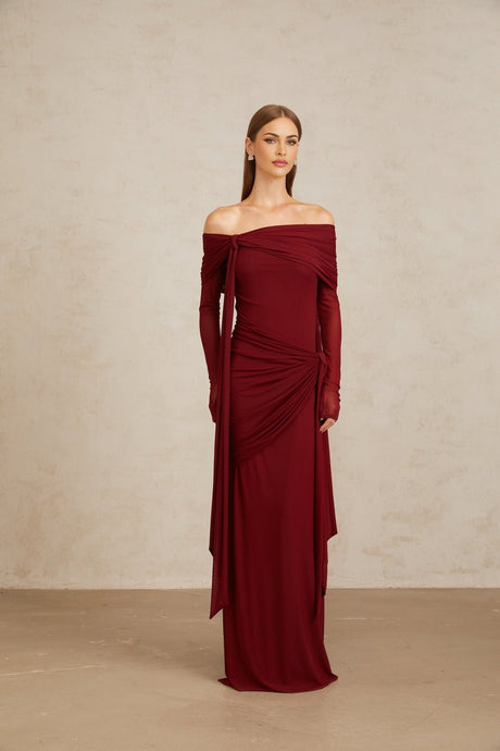 Miranda Gown - Off The Shoulder - Long Sleeves - Front Tie - Pleated & Draped Detailing - Asymmetrical - Slip - On Style