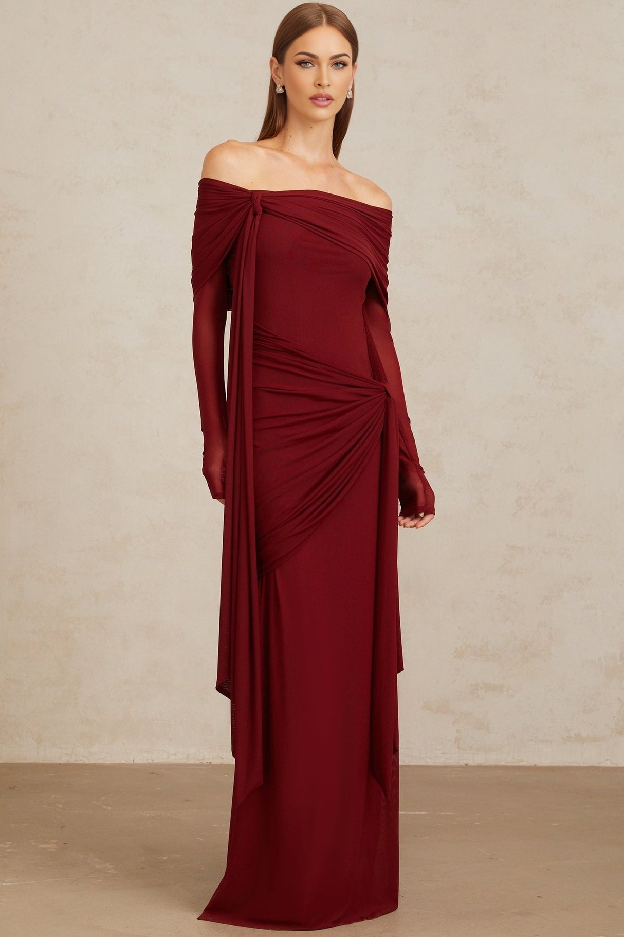 Miranda Gown - Off The Shoulder - Long Sleeves - Front Tie - Pleated & Draped Detailing - Asymmetrical - Slip - On Style