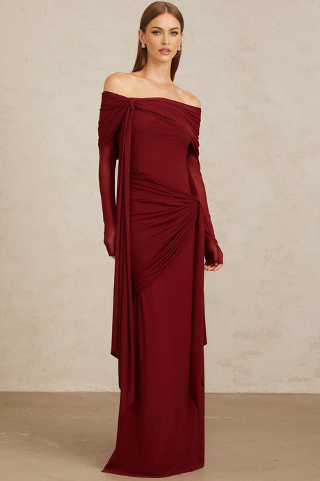 Miranda Gown - Off The Shoulder - Long Sleeves - Front Tie - Pleated & Draped Detailing - Asymmetrical - Slip - On Style