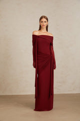 Miranda Gown - Off The Shoulder - Long Sleeves - Front Tie - Pleated & Draped Detailing - Asymmetrical - Slip - On Style