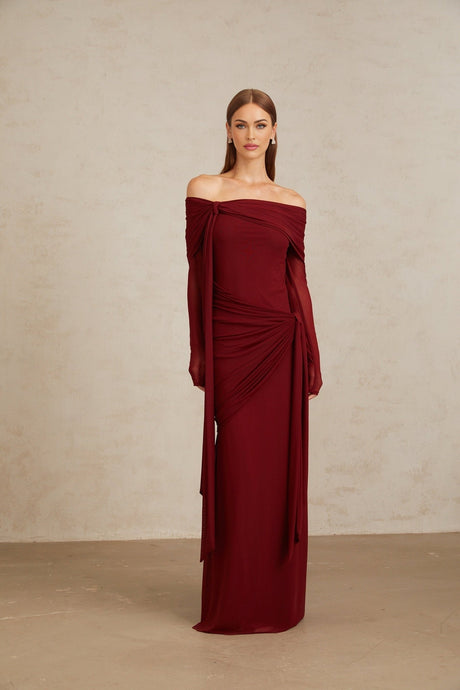 Miranda Gown - Off The Shoulder - Long Sleeves - Front Tie - Pleated & Draped Detailing - Asymmetrical - Slip - On Style