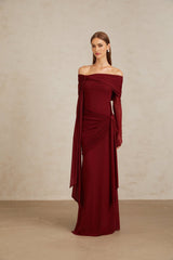 Miranda Gown - Off The Shoulder - Long Sleeves - Front Tie - Pleated & Draped Detailing - Asymmetrical - Slip - On Style