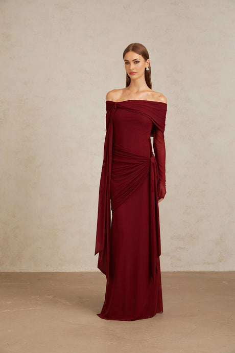 Miranda Gown - Off The Shoulder - Long Sleeves - Front Tie - Pleated & Draped Detailing - Asymmetrical - Slip - On Style
