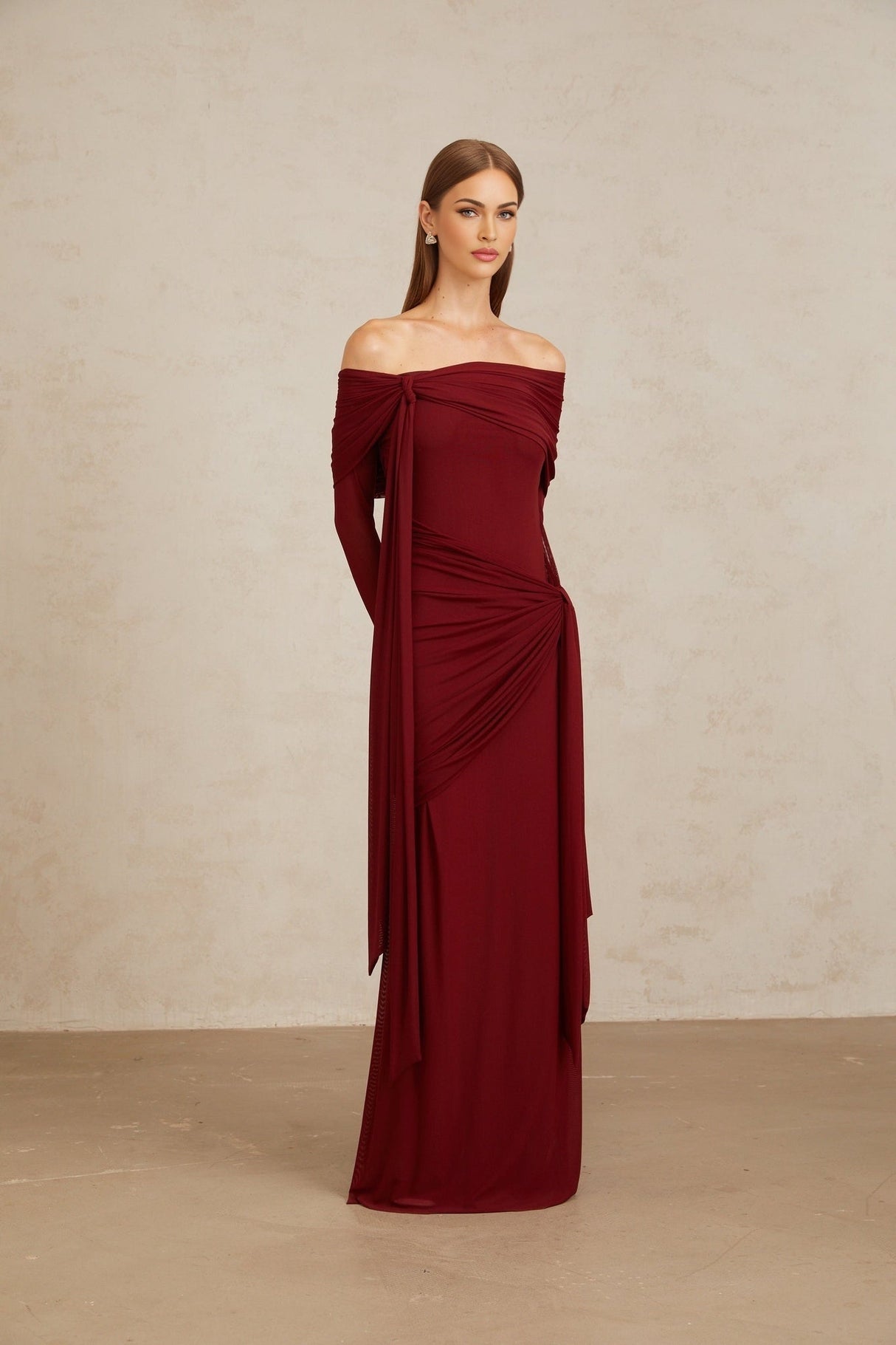 Miranda Gown - Off The Shoulder - Long Sleeves - Front Tie - Pleated & Draped Detailing - Asymmetrical - Slip - On Style