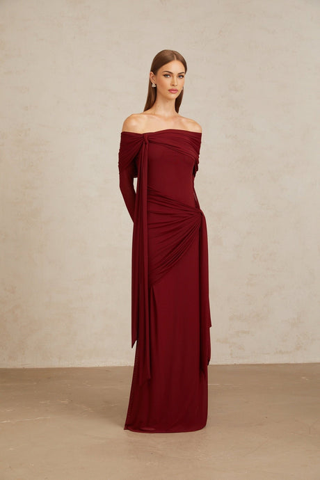 Miranda Gown - Off The Shoulder - Long Sleeves - Front Tie - Pleated & Draped Detailing - Asymmetrical - Slip - On Style
