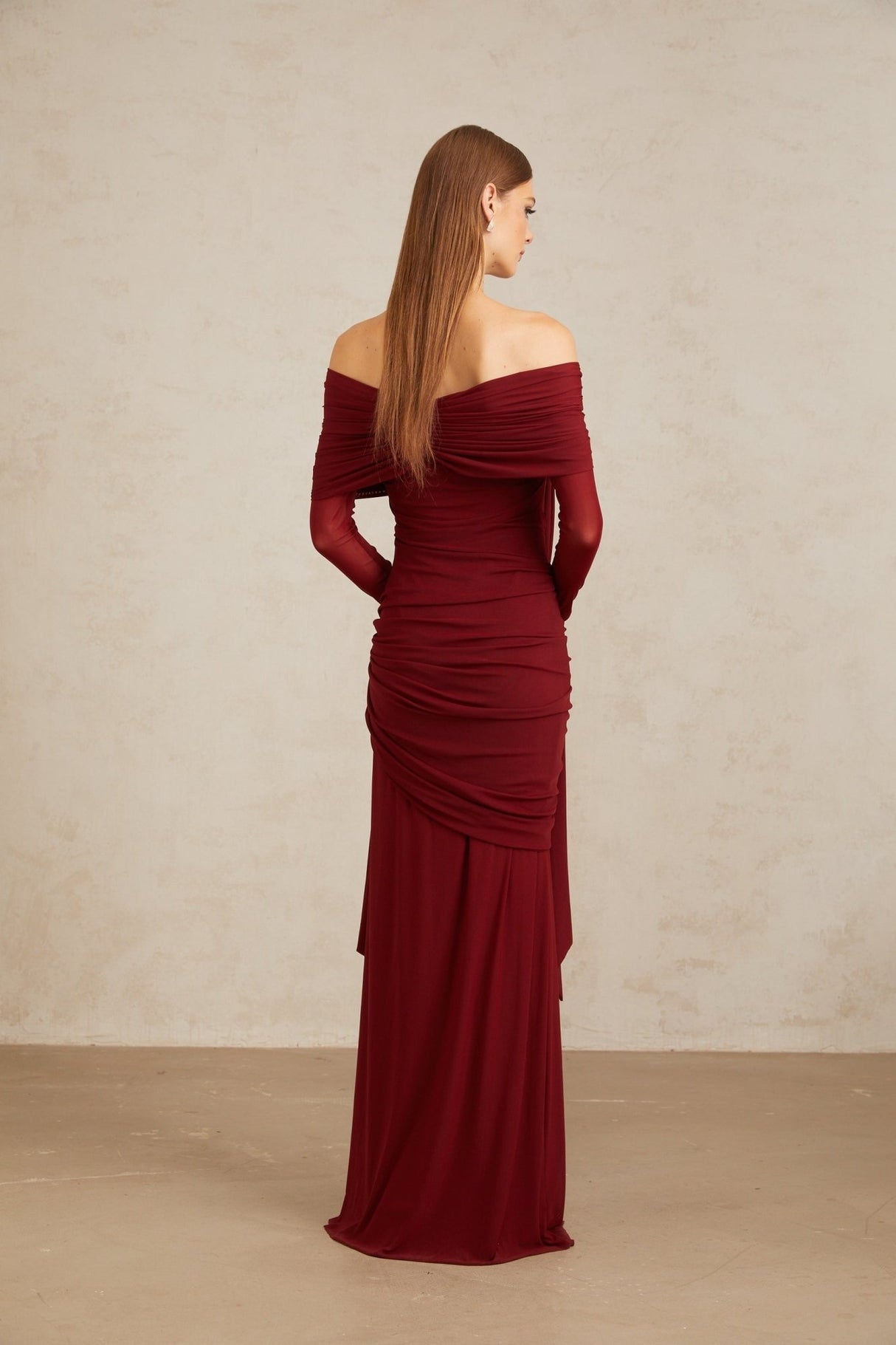 Miranda Gown - Off The Shoulder - Long Sleeves - Front Tie - Pleated & Draped Detailing - Asymmetrical - Slip - On Style